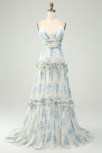 White Blue Flower A Line Tulle Maxi Dress with Ruffles
